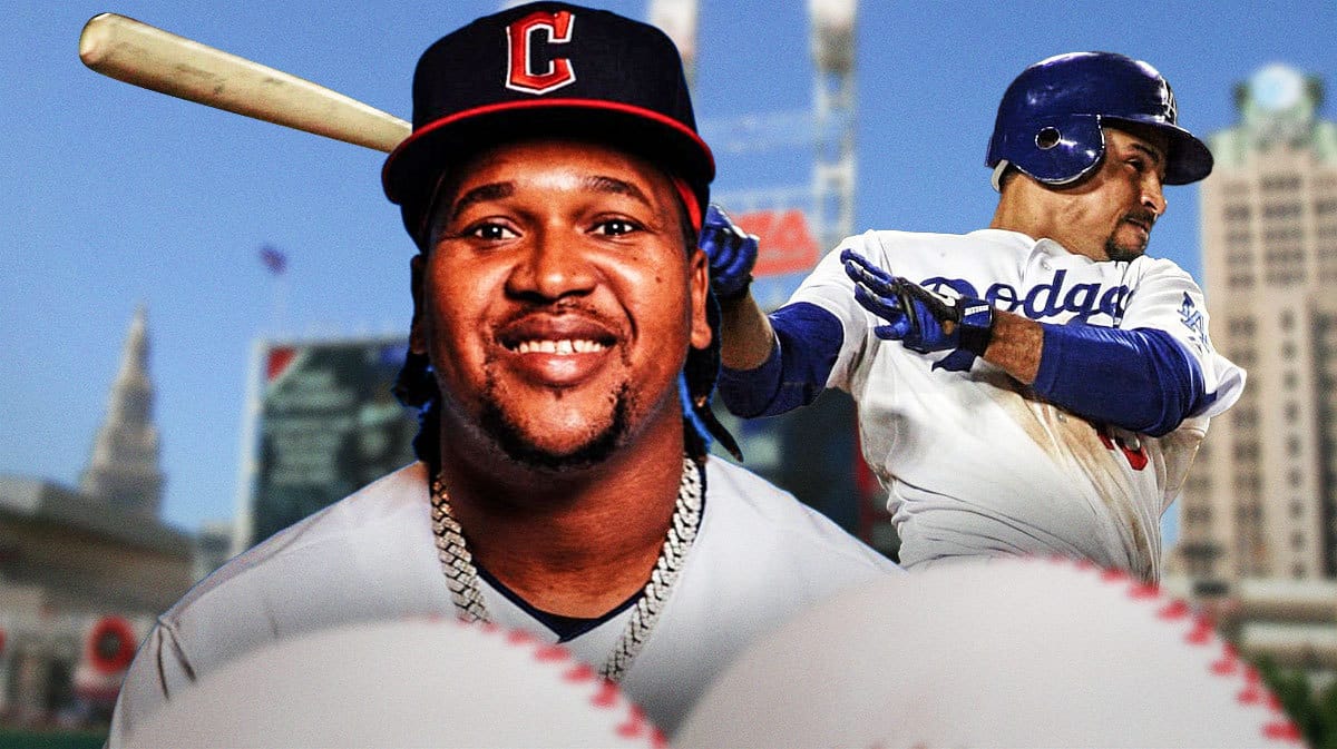 Guardians' Jose Ramirez smiling in front. In background, need Dodgers' Rafael Furcal swinging a baseball bat.