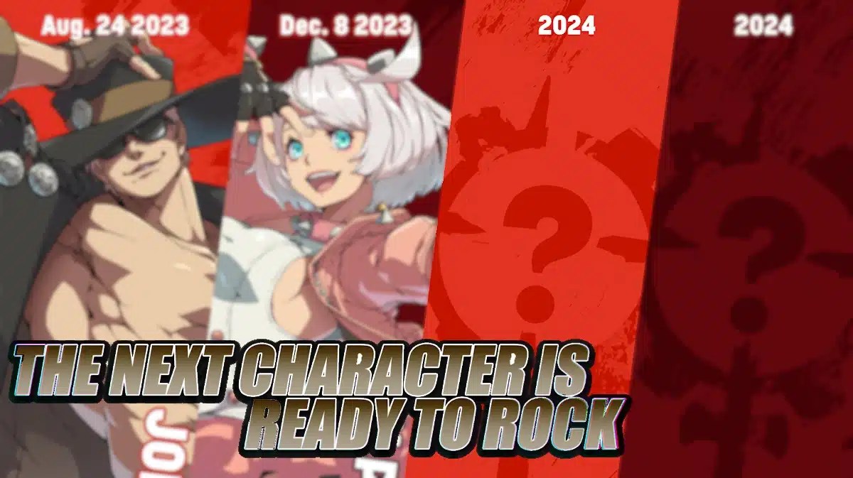 guilty gear strive season 3 characters, guilty gear strive dlc characters, guilty gear strive season pass 3, guilty gear strive season 3, guilty gear strive, a blurred out picture of the season pass 3 characters with the next character highlighted and unblurred and the words the next character is ready to rock on it