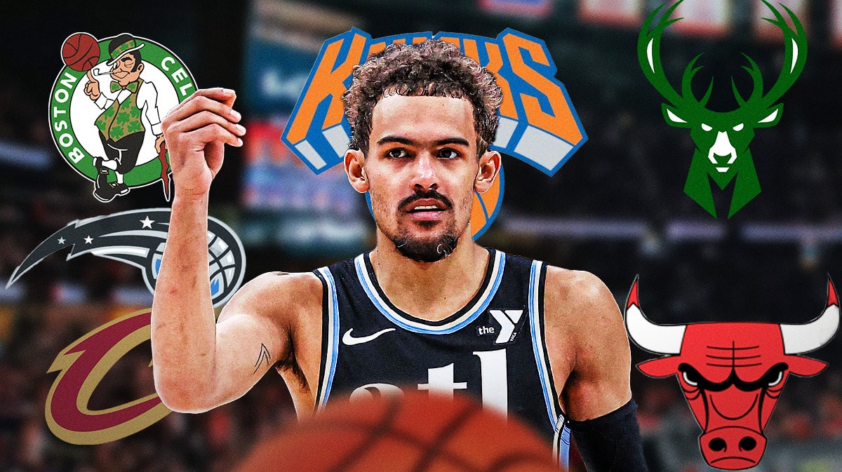 Hawks Trae Young surrounded by NBA logos of Celtics, Bucks, Knicks, Bulls, Cavaliers, and Magic
