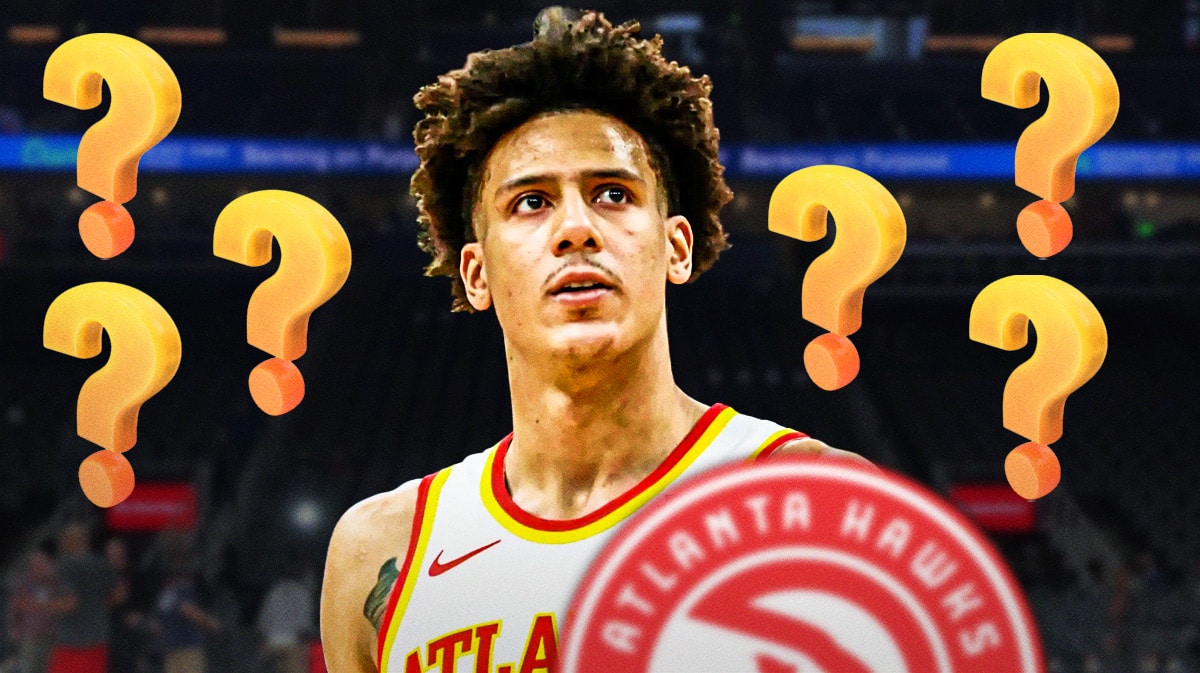 Atlanta Hawks' Jalen Johnson with question marks around him.