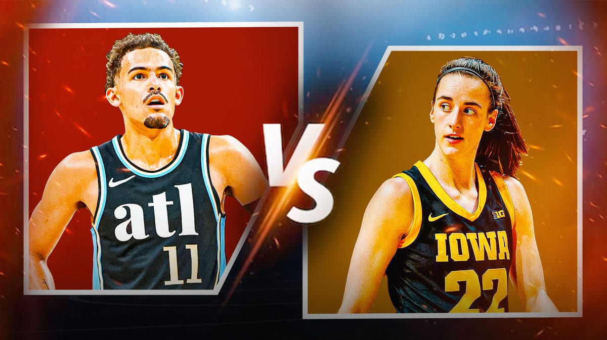Trae Young and Caitling Clark in a VS screen like in a fighting game.
