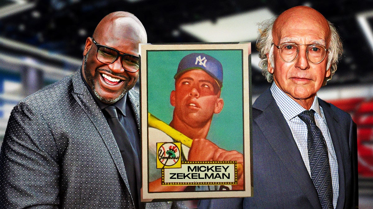 Collage of pics of Larry David, Shaq and a Mickey Mantle baseball card with the name changed to “Mickey Zekelman”