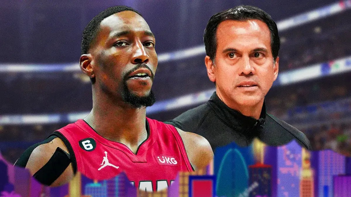 Miami Heat star Bam Adebayo and head coach Erik Spoelstra in front of the Kaseya Center.