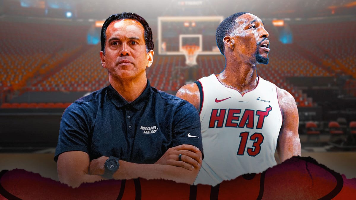 Miami Heat head coach Erik Spoelstra and star Bam Adebayo in front of the Kaseya Center.