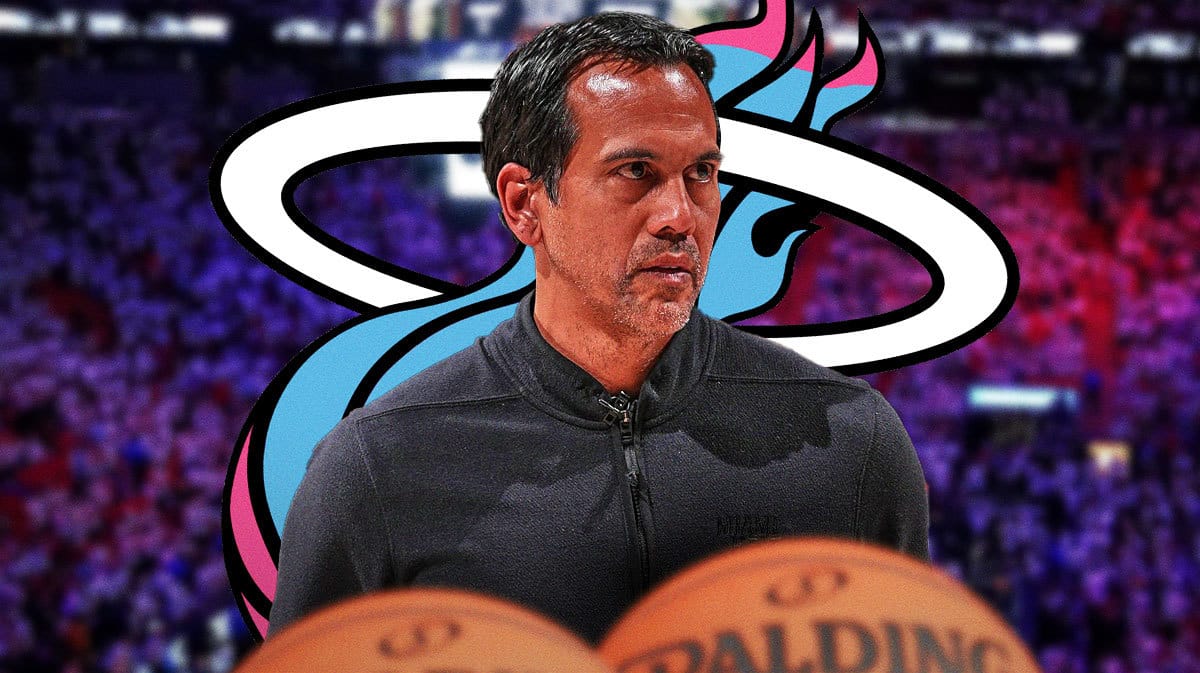 Miami Heat head coach Erik Spoelstra in front of the Kaseya Center.