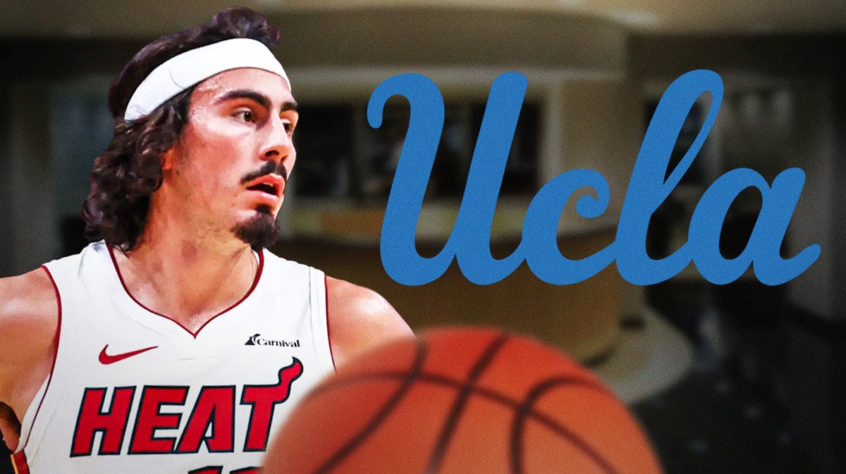 Miami Heat's Jaime Jaquez Jr next to UCLA logo
