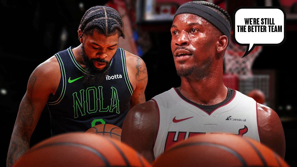 Miami Heat star Jimmy Butler saying "We're stil the better team" to New Orleans Pelicans star Naji Marshall in front of the Kaseya Center.