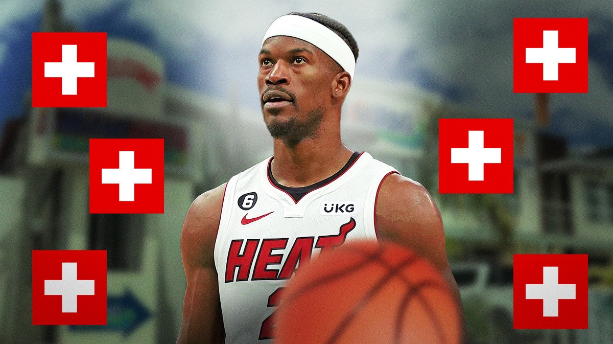 Miami Heat star Jimmy Butler with injury signs around him.