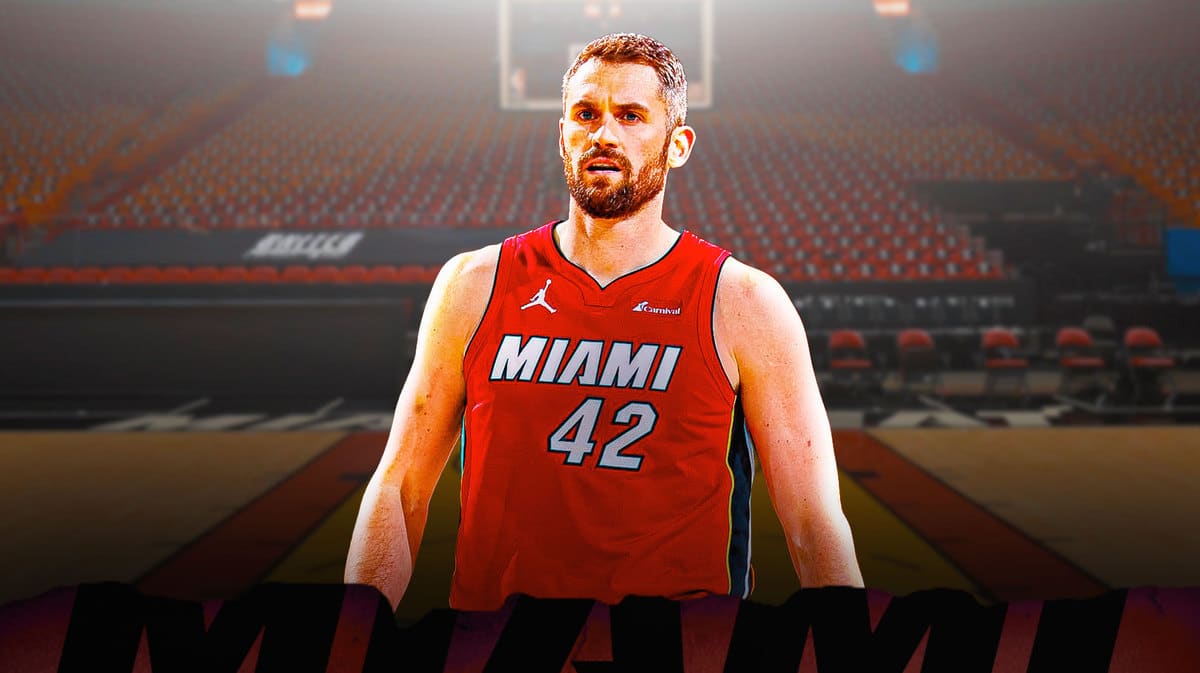 Miami Heat star Kevin Love in front of the Kaseya Center.