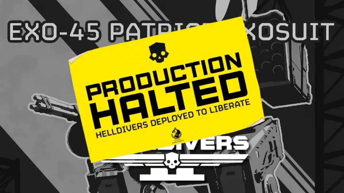 helldivers 2 mech delayed, helldivers 2 mech, helldivers 2, key art for the helldivers 2 mech in grayscale with a note that says production halted helldivers deployed to liberate