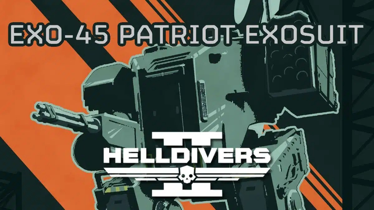helldivers 2 mechs, heldivers mechs, helldivers 2 exosuit, helldivers 2, promotional image for the exo 45 patriot exosuit with the helldivers 2 logo on it