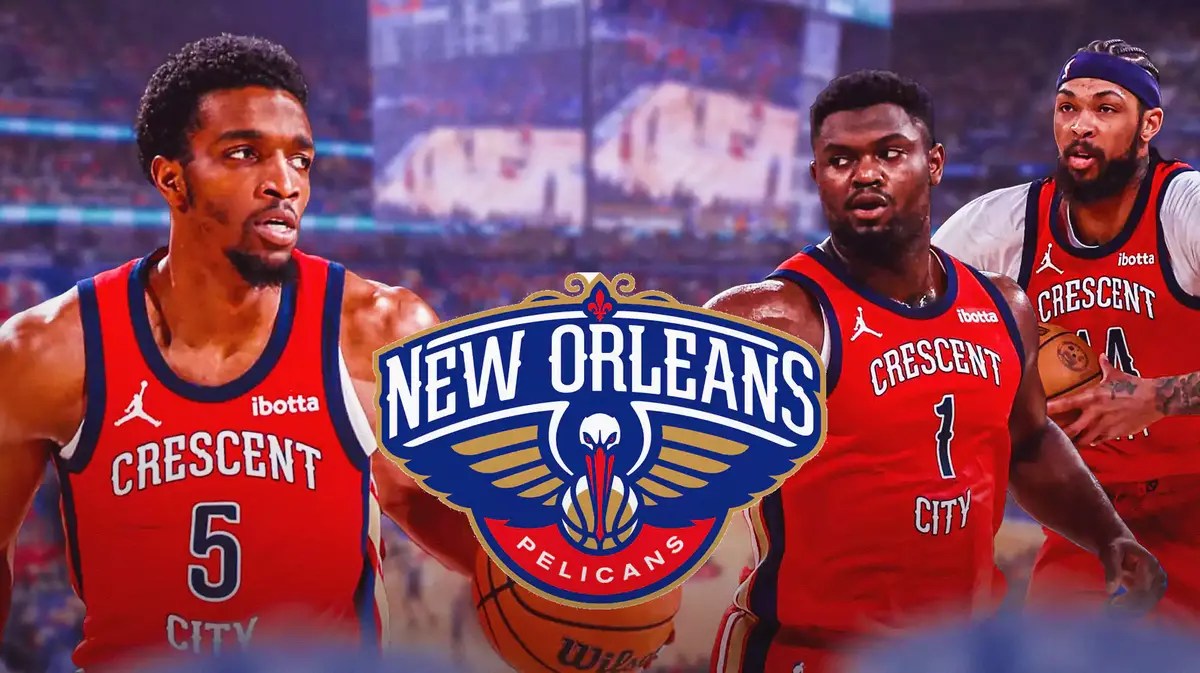 Pelicans Herb Jones looking at Zion Williamson and Brandon Ingram
