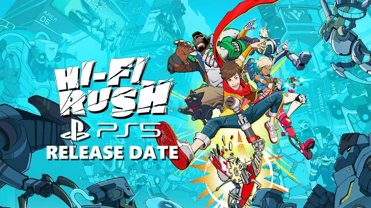 hi fi rush ps5, hi fi rush release date, hi fi rush gameplay, hi fi rush story, hi fi rush trailers, key art for hi fi rush with the ps5 logo under it and the words release date under the logo