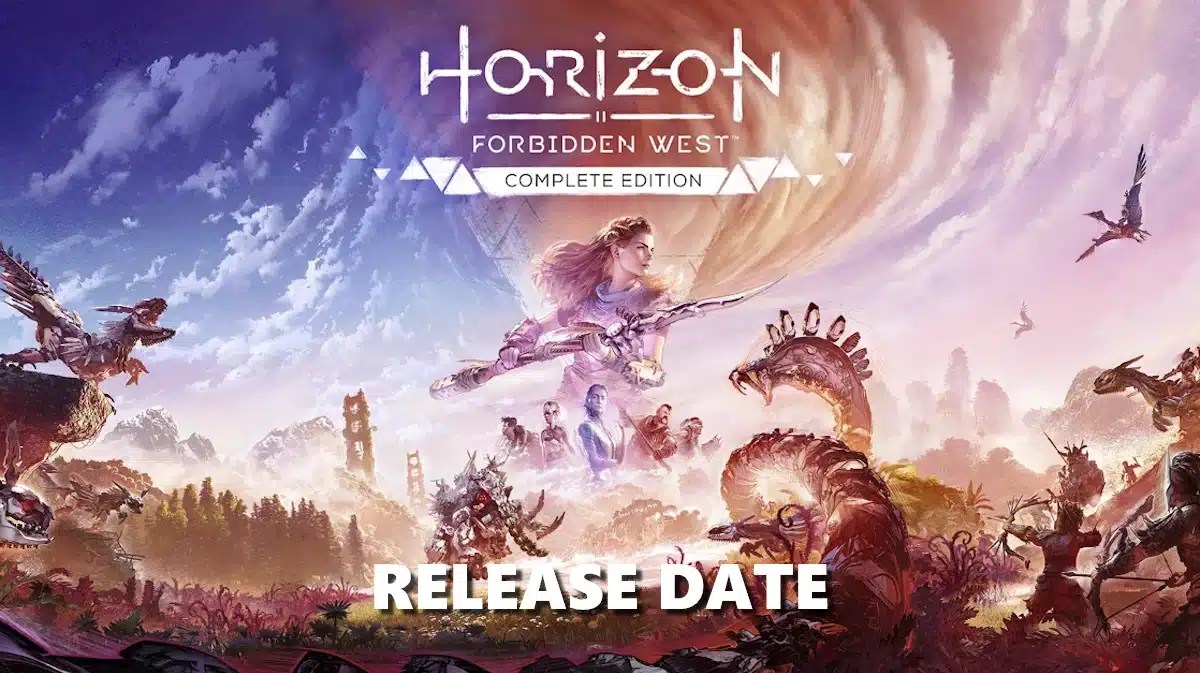 horizon forbidden west pc, horizon forbidden west gameplay, horizon forbidden west story, horizon forbidden west pc release date, horizon forbidden west trailer, key art for the horizon forbidden west complete edition witht he words release date at the bottom of the image