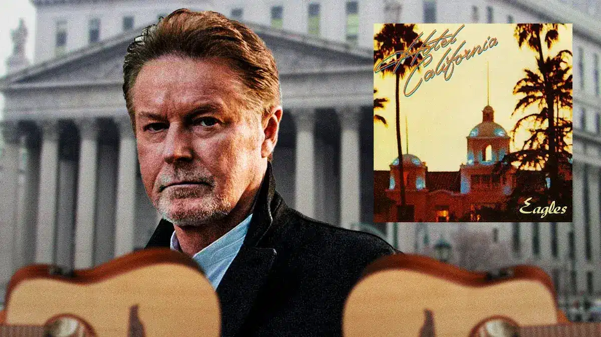 Pic of Don Henley, a courthouse, and imagery from the Hotel California song