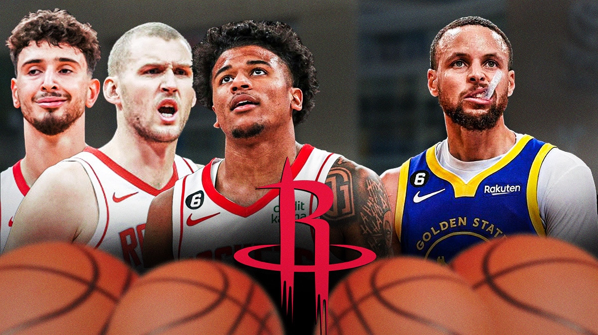 Rockets Alperen Sengun, Jock Landale and Jalen Green next to Warriors Steph Curry