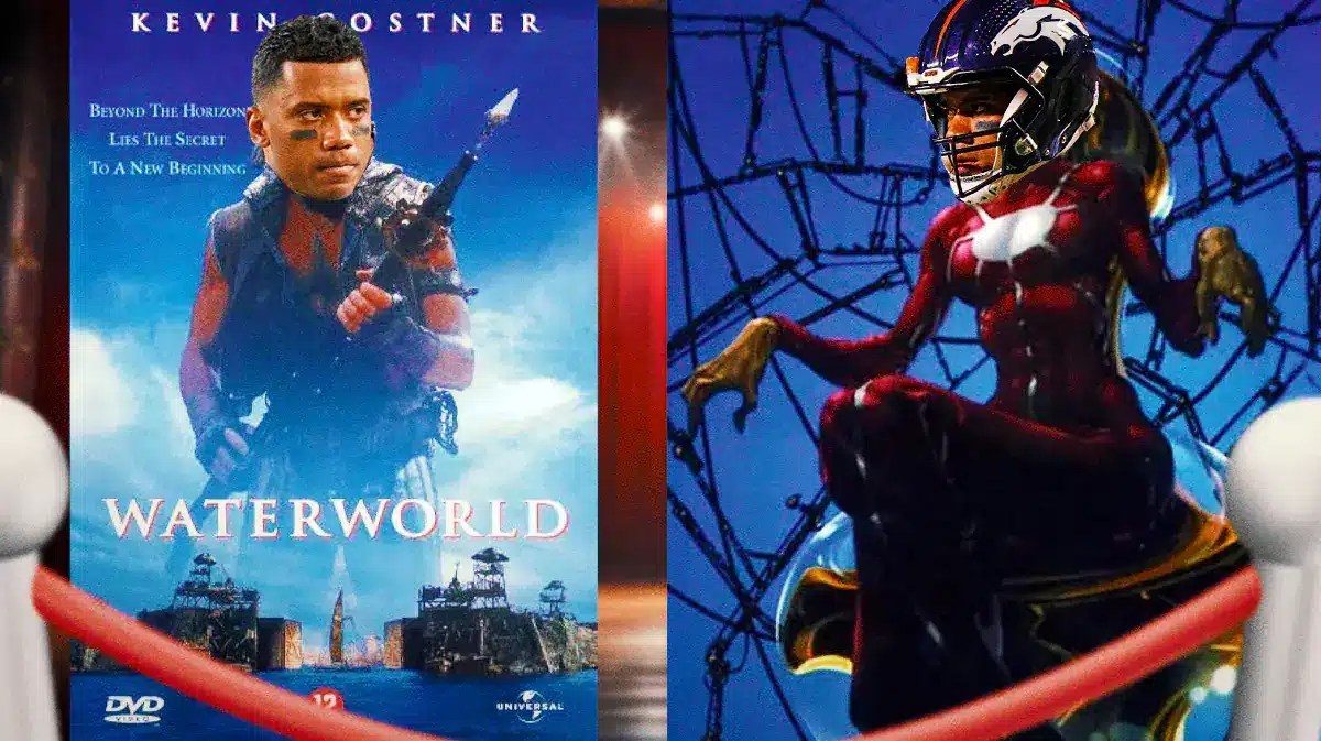 Russell Wilson’s head superimposed on Madame Web’s body, and in place of Kevin Costner’s face from Waterworld poster