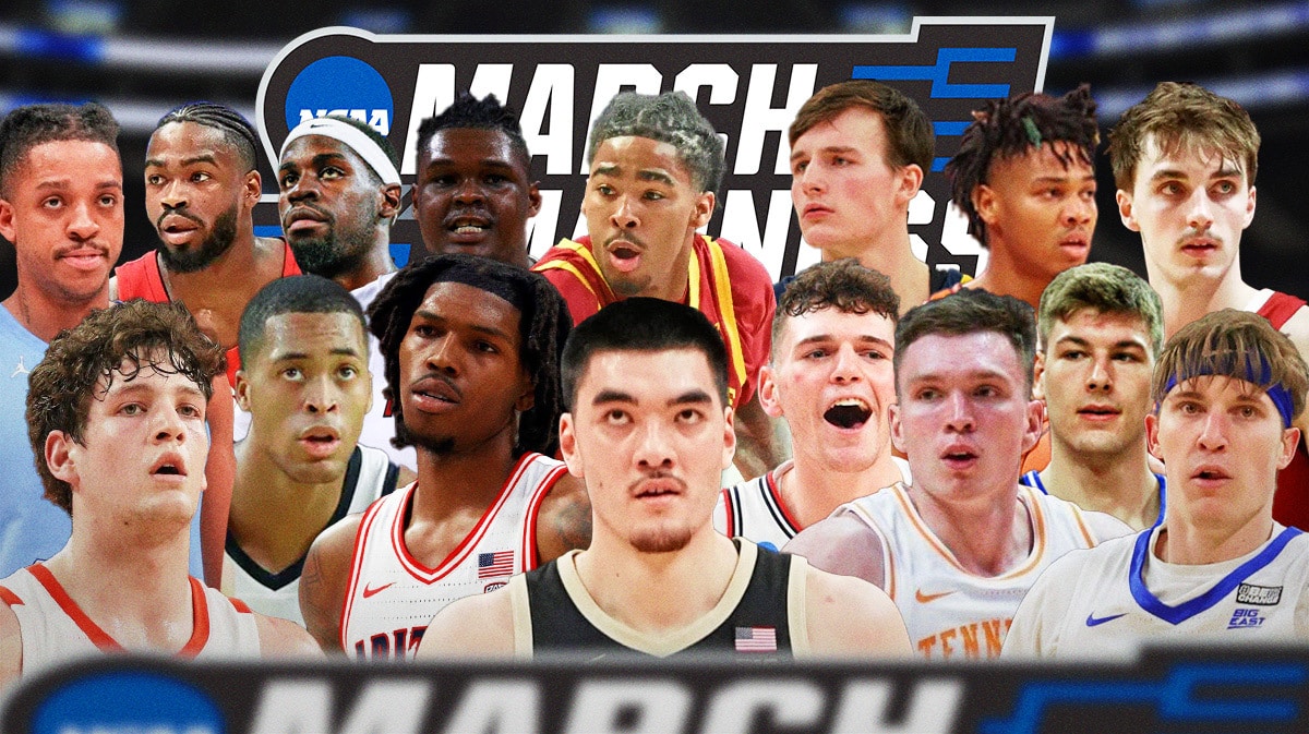 Zach Edey, Dalton Knecht, Caleb Love, Baylor Scheierman, PJ Hall, Donovan Clingan , Jaedon Ledee, Armando Bacot, Grant Nelson, Terrence Shannon, Keshon Gilbert, Tyler Kolek, D.J. Burns, Graham Ike, Jamal Shead, Kyle Filipowski all together with March Madness bracket as the background.