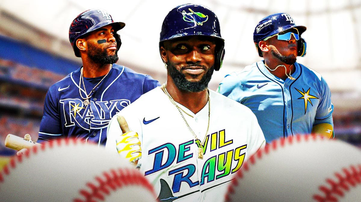 Randy Arozarena, Yandy Diaz, Isaac Paredes all together with Tropicana Field as the background.
