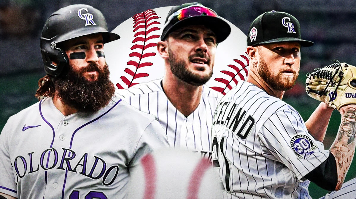 Charlie Blackmon, Kris Bryant, Kyle Freeland together with Coors Field as the background. Rockies season preview