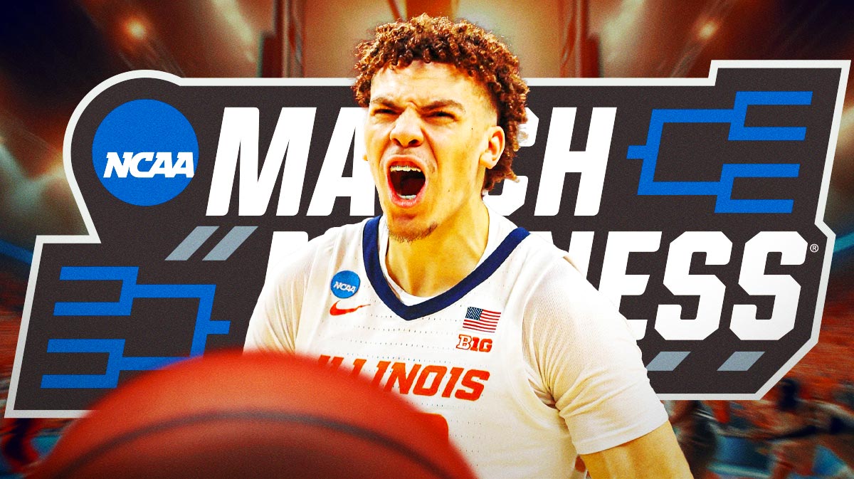 Illinois basketball, Fighting Illini, Coleman Hawkins, March Madness, UConn basketball, Coleman Hawkins in Illinois uni with March Madness logo in the background