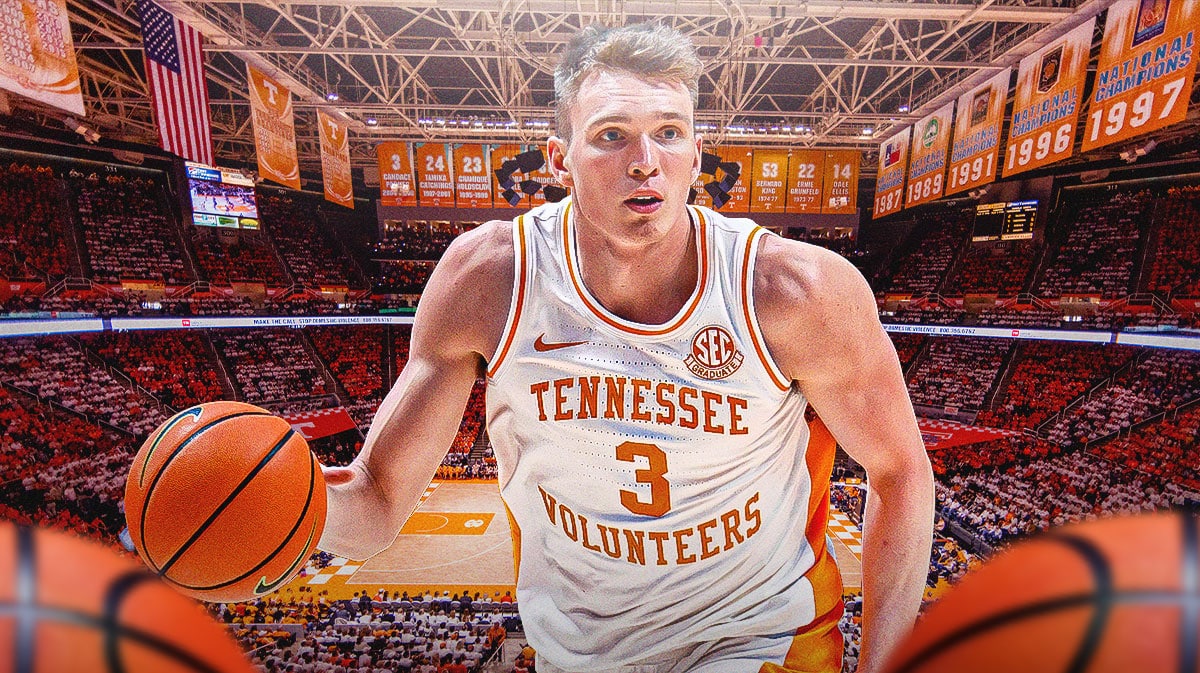 March Madness, Kemba Walker, Dalton Knecht, Boo Buie, Caleb Love, Dalton Knecht in Tennessee uni with Tennessee arena in the background