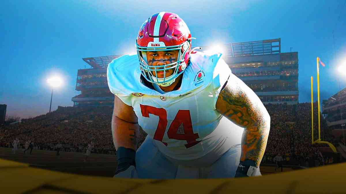 Alabama football, Iowa football, Kadyn Proctor, Crimson Tide, transfer portal, Kadyn Proctor in Alabama uni with Iowa football stadium in the background