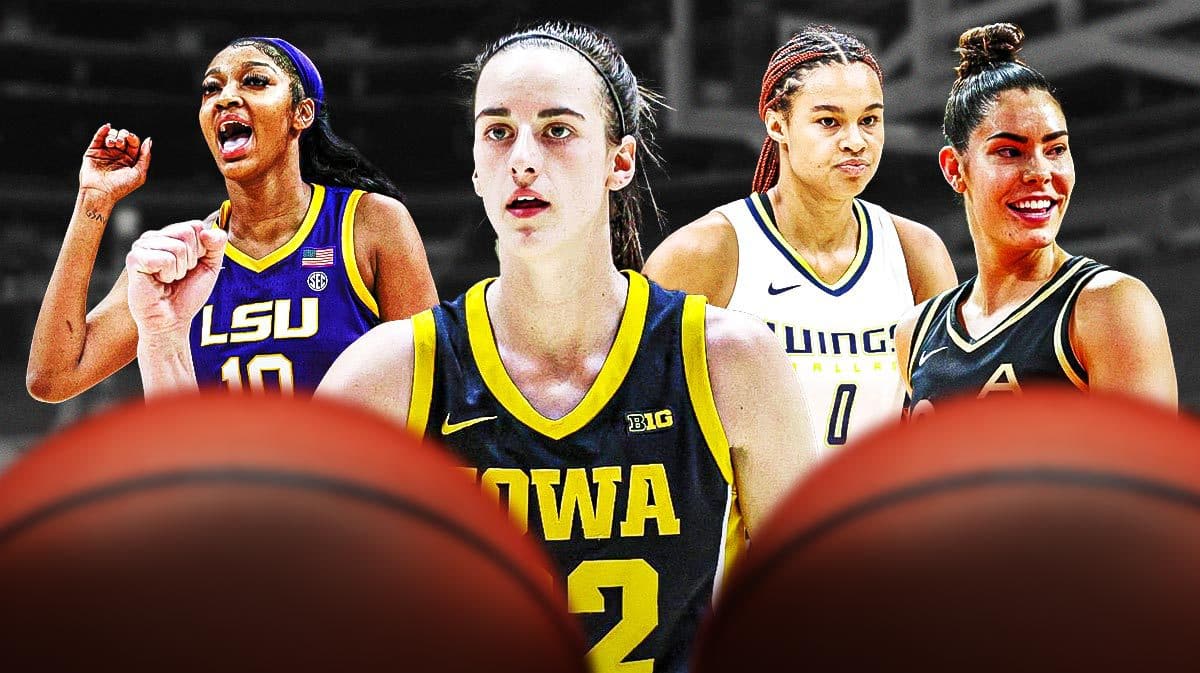 Iowa women’s basketball player Caitlin Clark, LSU women’s basketball player Angel Reese, WNBA Las Vegas Aces player Kelsey Plum, WNBA Dallas Wings player Satou Sabally