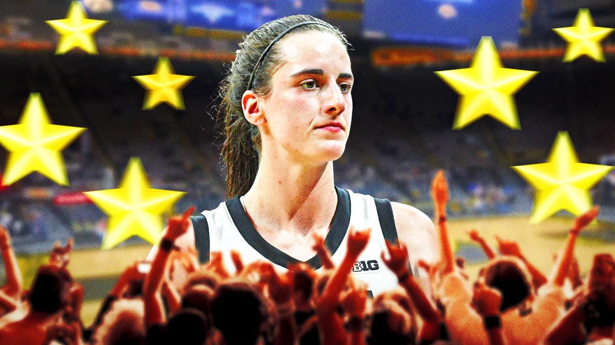 Iowa women’s basketball player Caitlin Clark with stars around her, and a crowd cheering