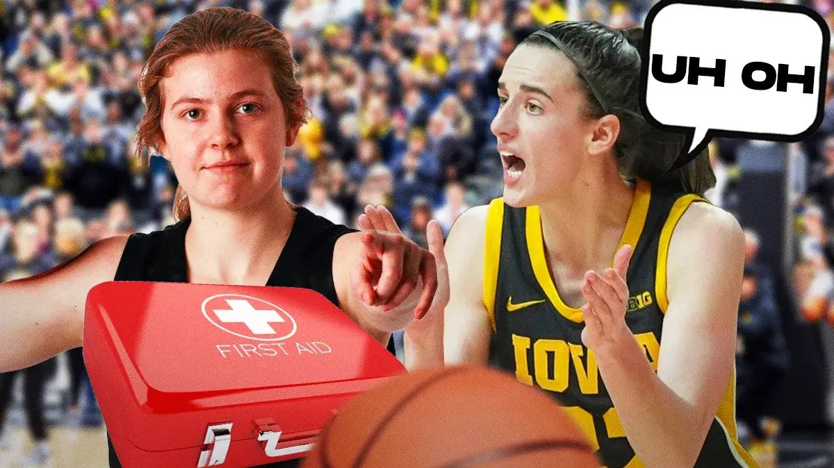 Molly Davis on one side with an injury kit in front of her, Caitlin Clark on the other side with a speech bubble that says “Uh oh”