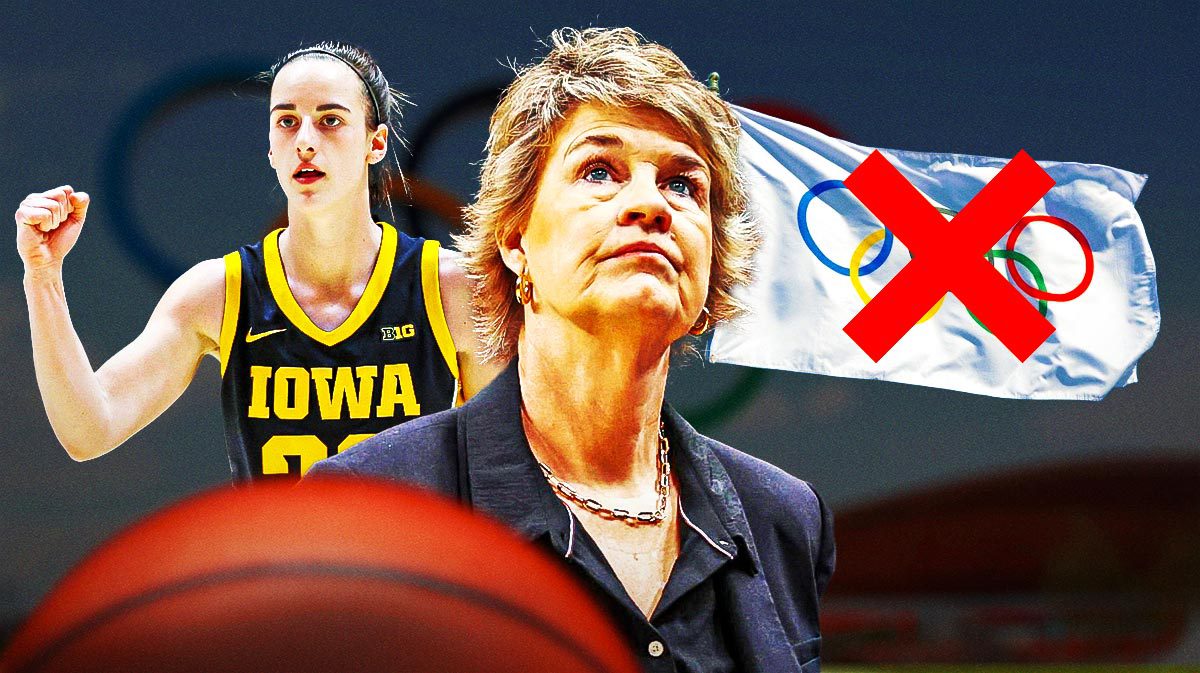 Iowa women’s basketball coach Lisa Bluder and Iowa women’s basketball player Caitlin Clark, with the Olympic rings behind them and a big X over the rings