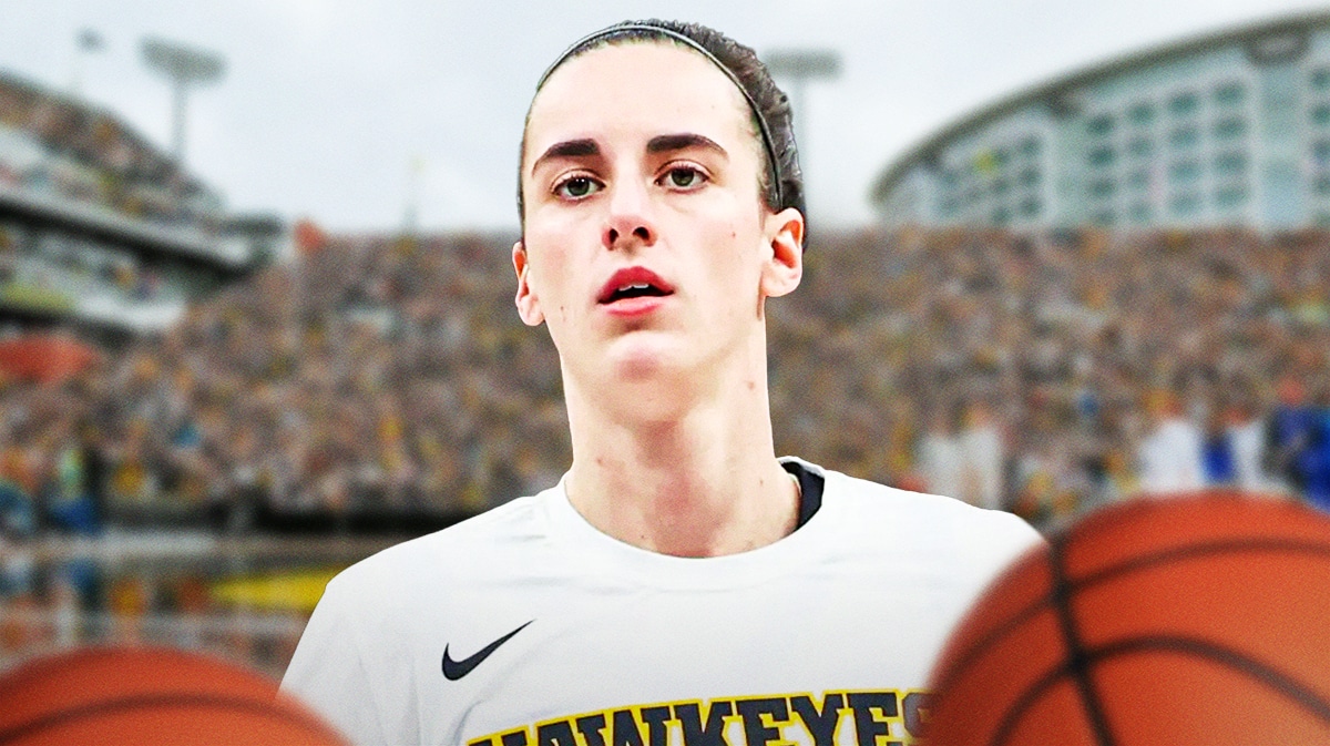 Iowa women's basketball star Caitlin Clark in front of the Carver-Hawkeye Arena.
