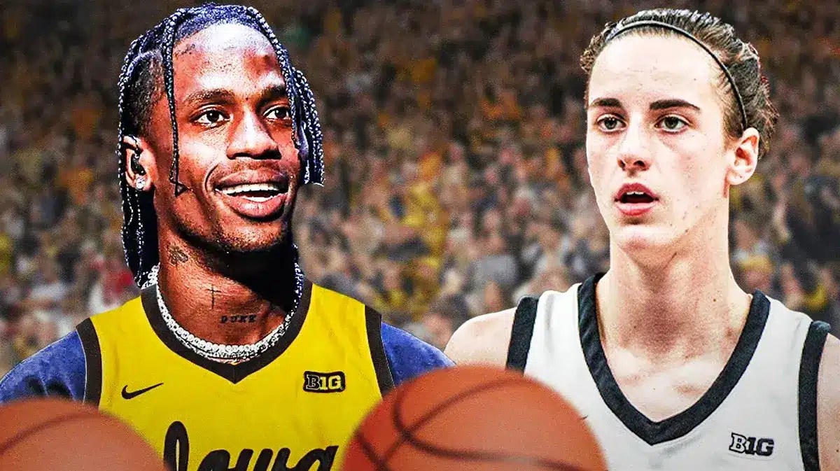 Iowa Hawkeyes superstar Caitlin Clark next to Travis Scott, wearing a Clark jersey