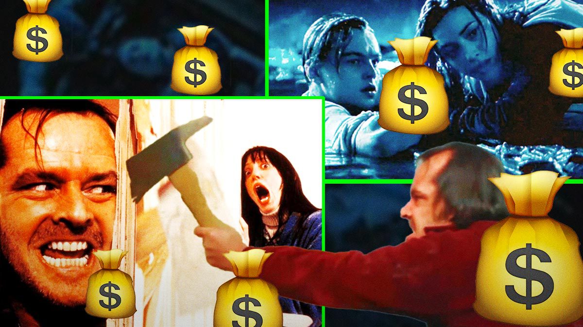 Scene from Titanic and The Shining with money bags.