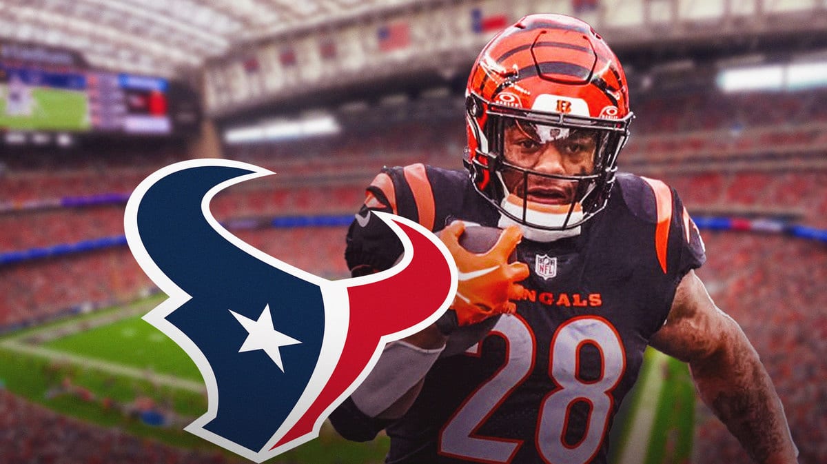Joe Mixon next to Texans logo