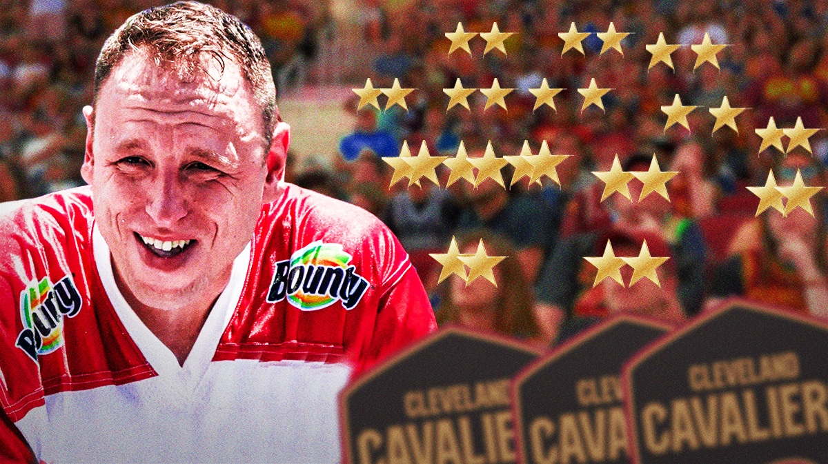 Joey Chestnut on one side, a bunch of Cleveland Cavaliers fans on the other side with stars in their eyes
