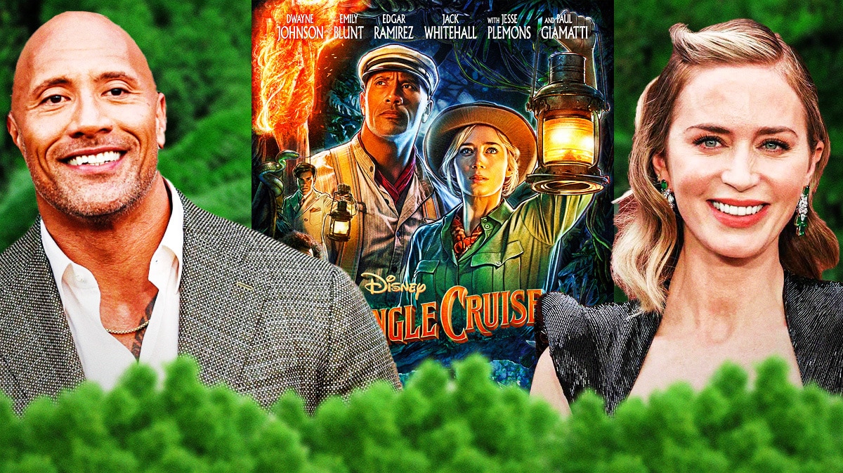 Dwayne Johnson and Emily Blunt with Jungle Cruise poster and background.