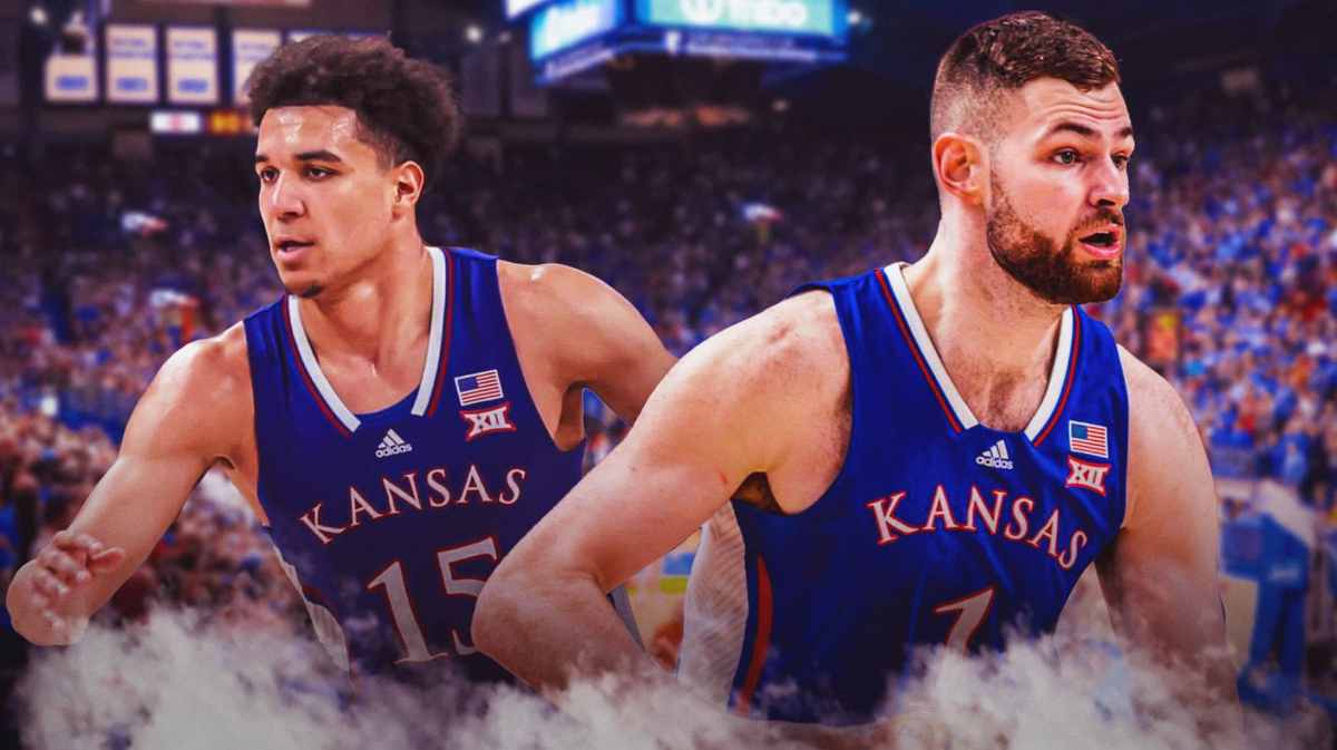 Hunter Dickinson alongside Kevin McCullar with the Kansas Jayhawks arena in the background, Big 12 Tournament