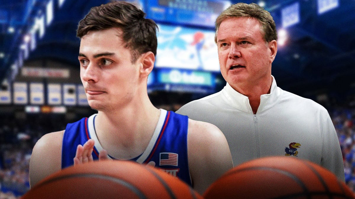Kansas basketball coach Bill Self looking at Parker Braun.