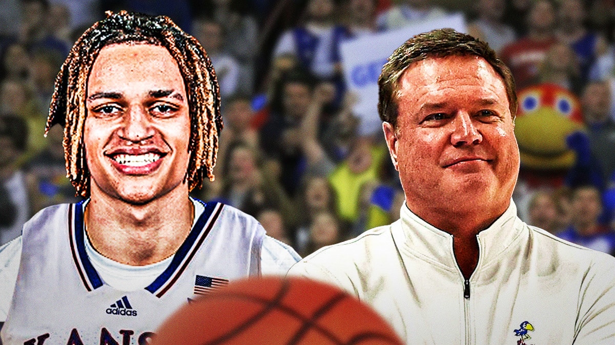 Former Florida Gators guard Riley Kugel next to Kansas Jayhawks coach Bill Self