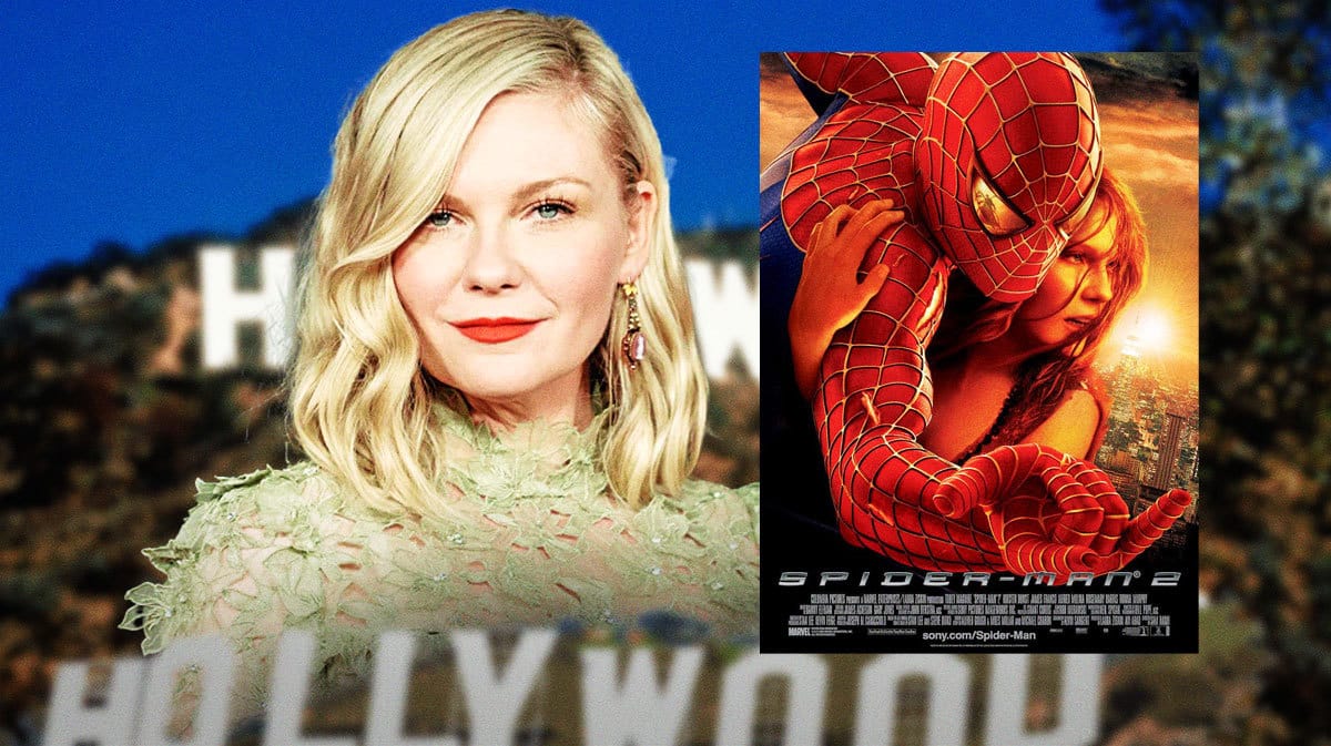 Kirsten Dunst next to Spider-Man 2 poster.
