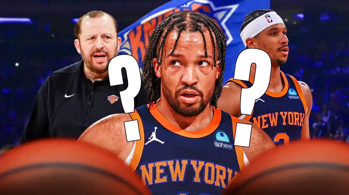 Jalen Brunson with question marks next to Tom Thibodeau, Josh Hart