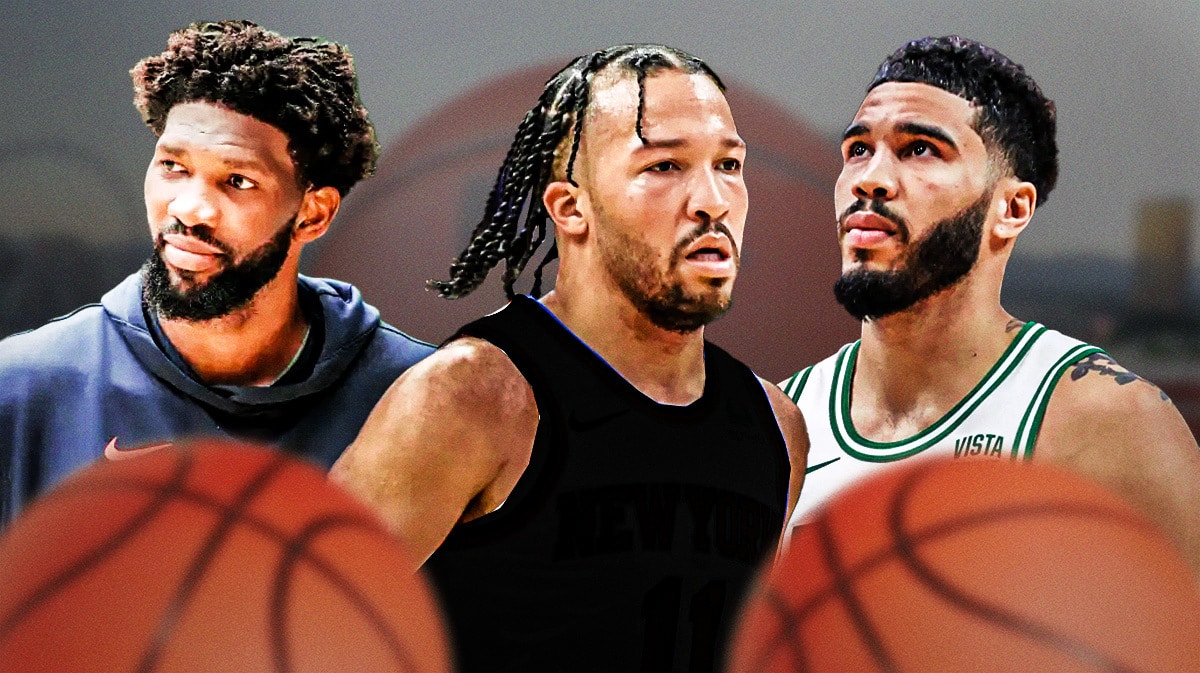 Jalen Brunson in uniform, Jayson Tatum in uniform and Joel Embiid in street clothes