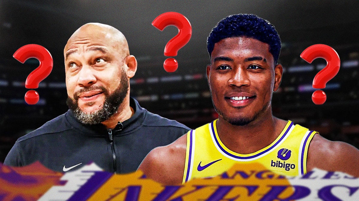 Darvin Ham and Rui Hachimura with a bunch of question marks in the background