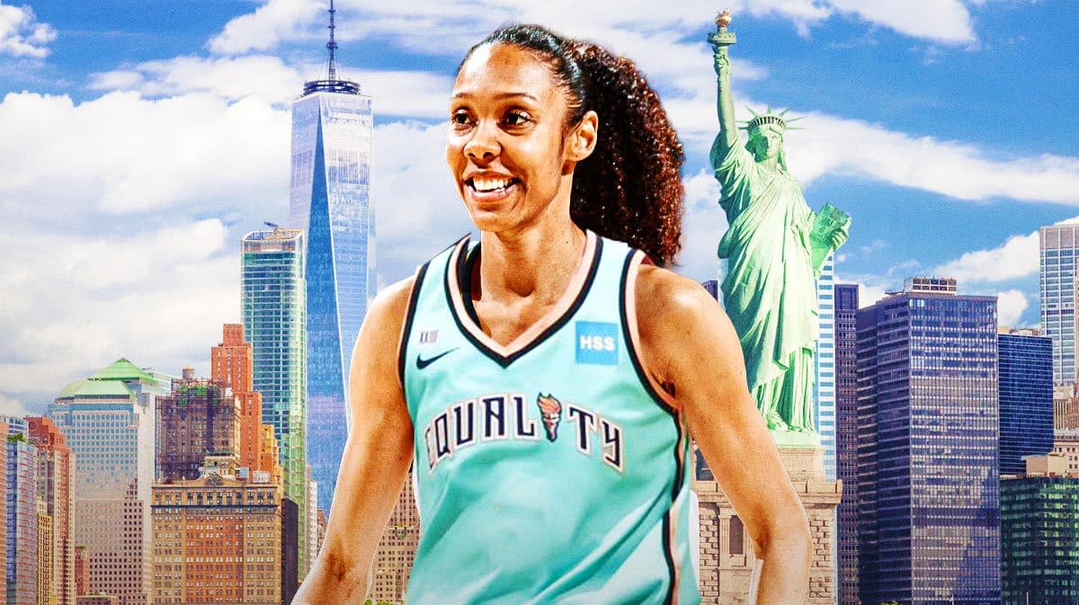 WNBA player Rebekah Gardner in a New York Liberty jersey, with New York City in the background
