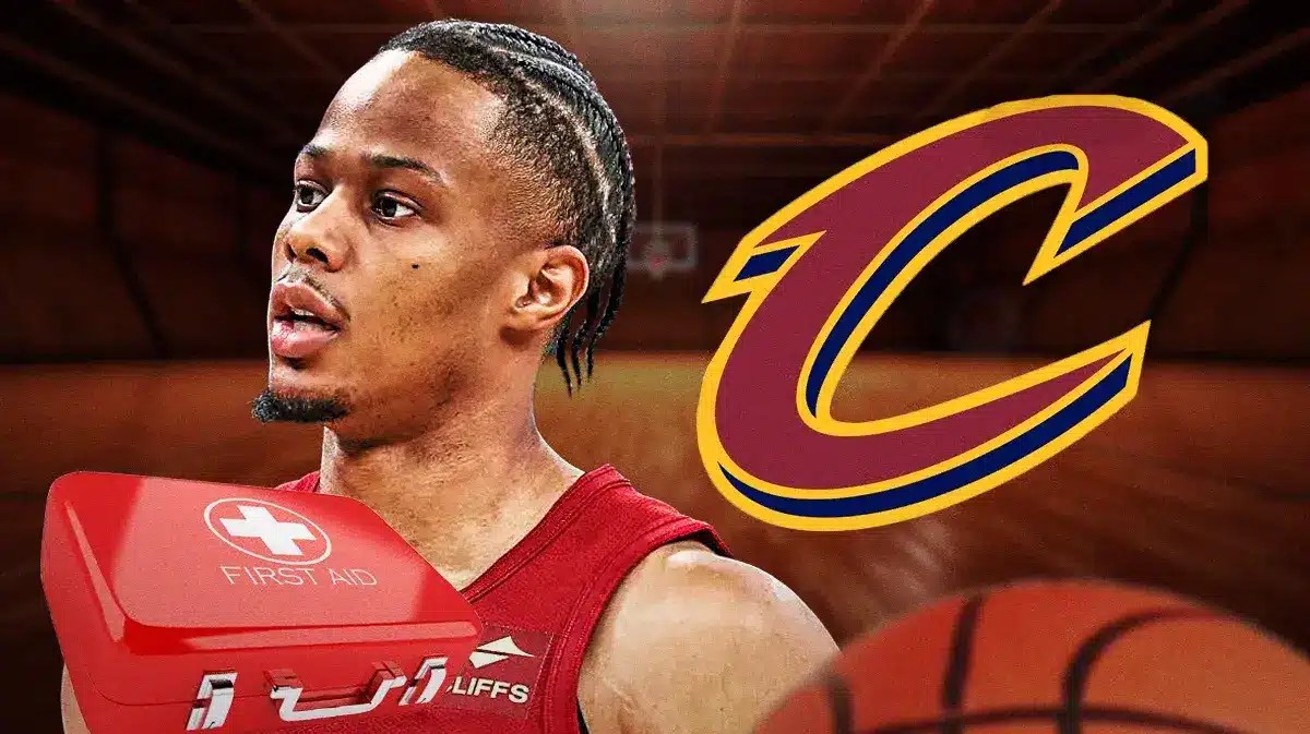 Isaac Okoro in image looking stern with first aid kit, CLE Cavaliers logo, basketball court in background