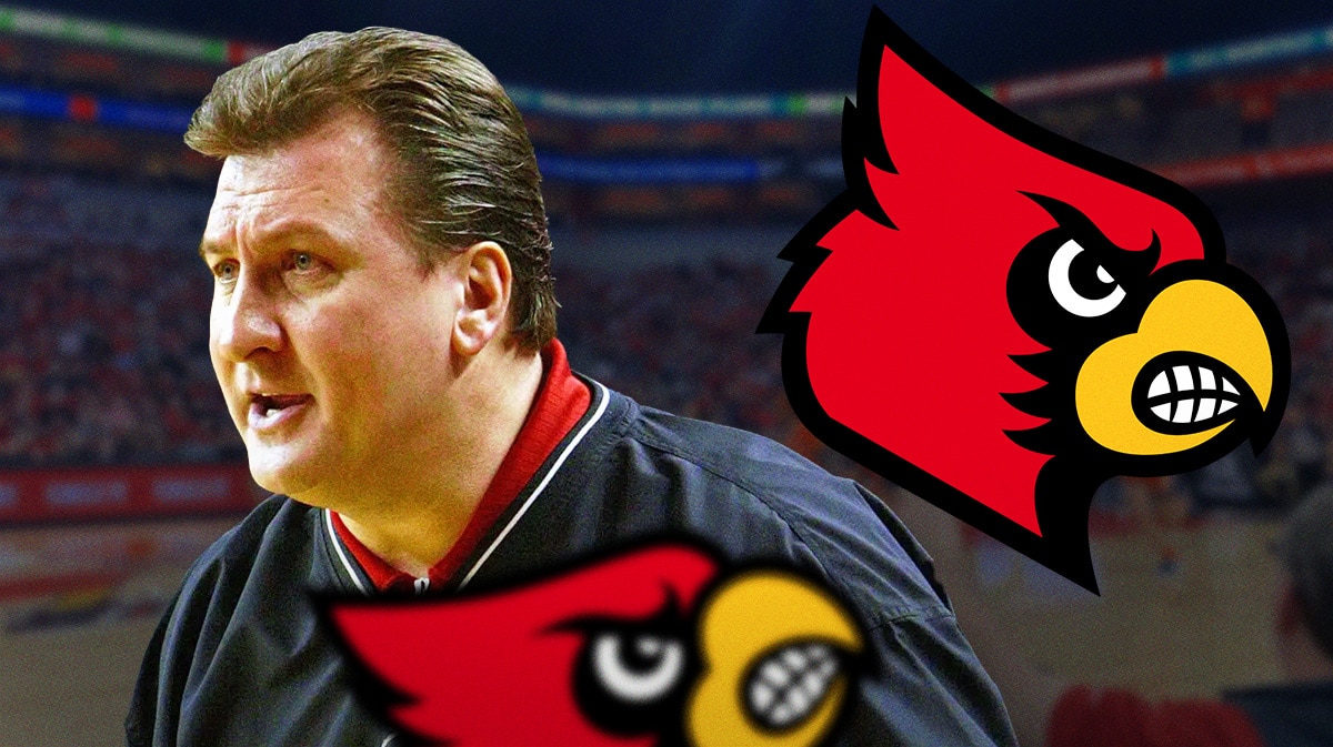 Louisville basketball, Cardinals, Bob Huggins, Louisville head coach, Bob Huggins Louisville, Bob Huggins and Louisville logo with Louisville basketball arena in the background