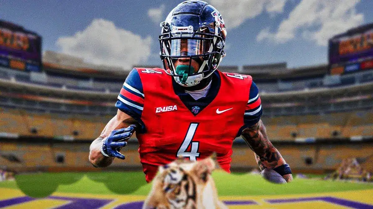 Liberty WR CJ Daniels in action with LSU Tigers football background.
