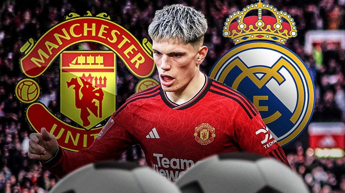 Alejandro Garnacho in front of the Manchester United and Real Madrid logos