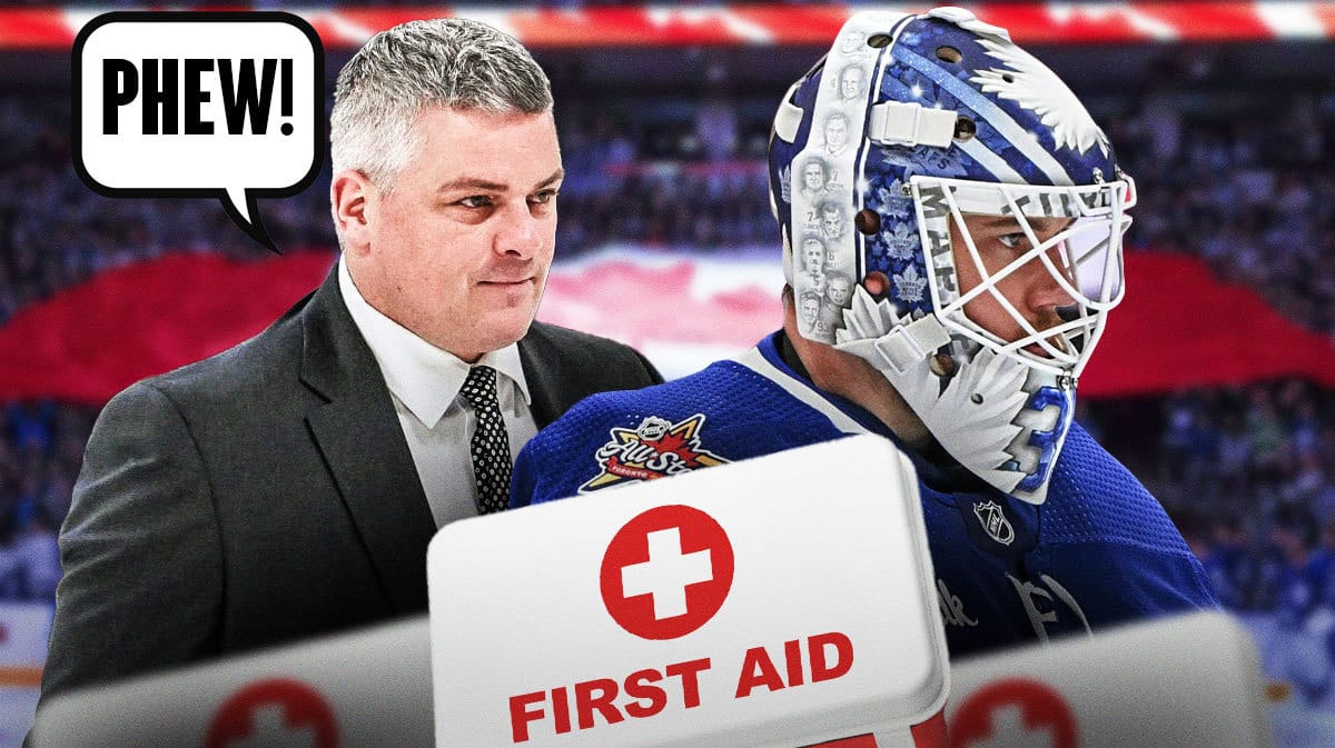 Ilya Samsonov on one side with an injury kit in front of him, Sheldon Keefe on the other side with a speech bubble that says “Phew!”